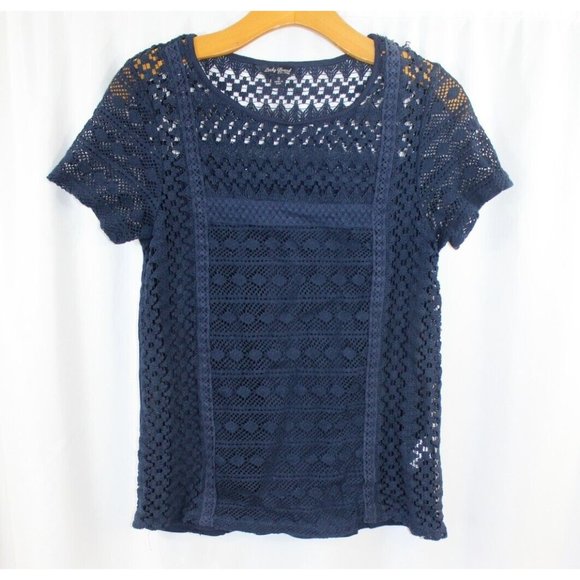 Lucky‎ Brand Womens Blue Crochet Lace Short Sleeve Top S - Picture 1 of 5